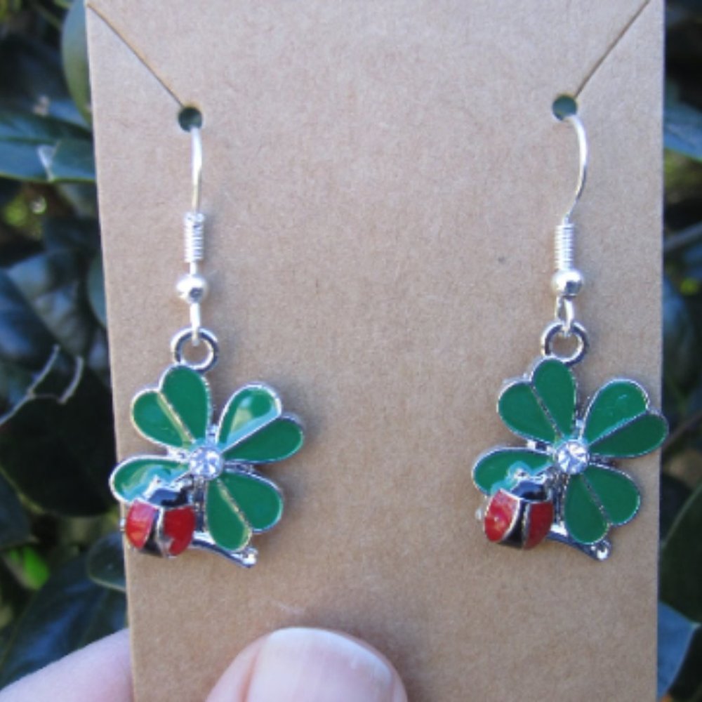 Shamrock Four Leaf Clover Earrings with Ladybug